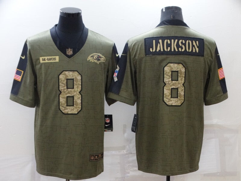 Baltimore Ravens #8 Lamar Jackson 21 Salute Camo Text 022 Style 1