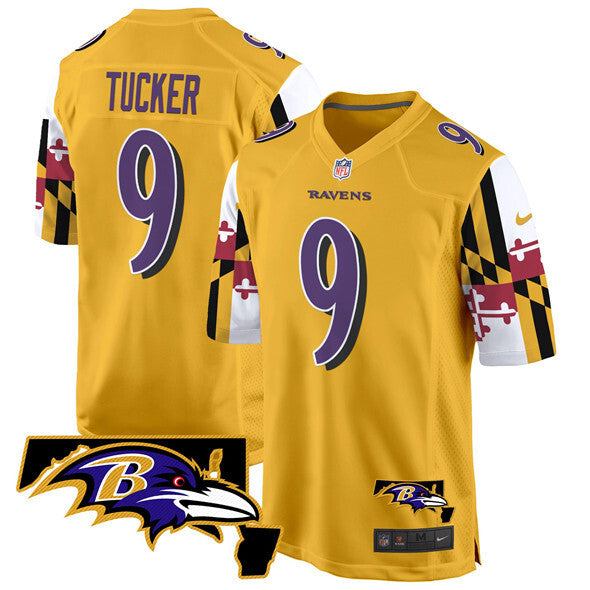Baltimore Ravens #9 Justin Tucker Gold 2025 Maryland Flag Vapor Limited