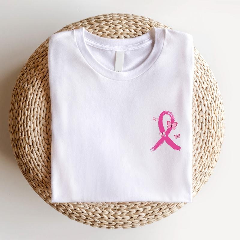 Breast Cancer Butterfly Ribbon Shirt, Pink Ribbon Pocket Size T-shirt, Warrior Gift Tee For Mom, Breast Cancer Survivor Hoodie, Cancer Support Sweatshirt, Gift For Her