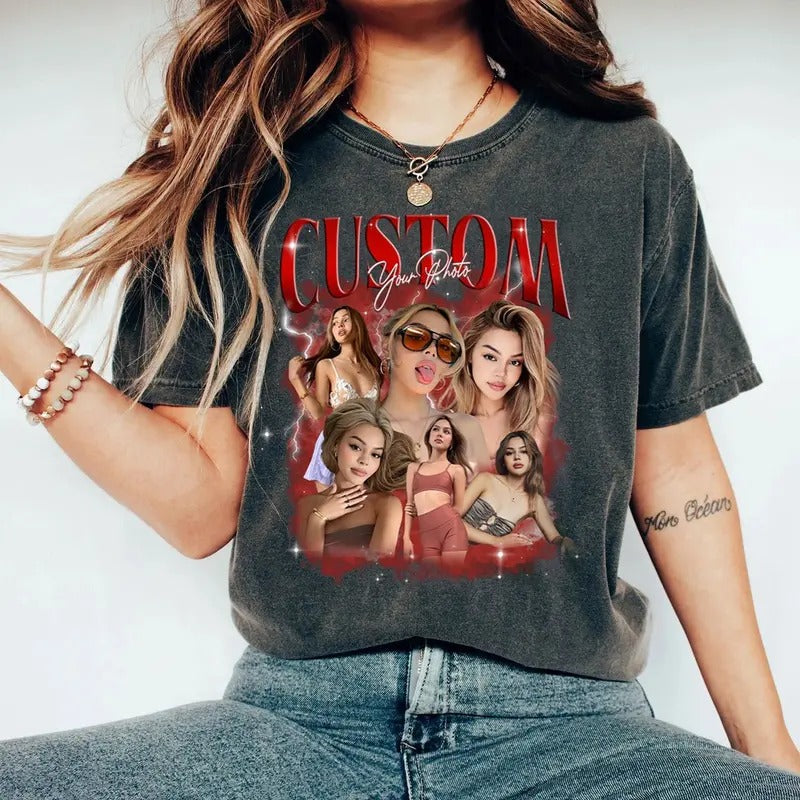 CUSTOM Name & Photo 90s Vintage Graphic Shirt, Custom Y2K Bootleg Rap Shirt, Custom Girlfriend Face, Your Own Bootleg Idea, Womenswear Tshirt