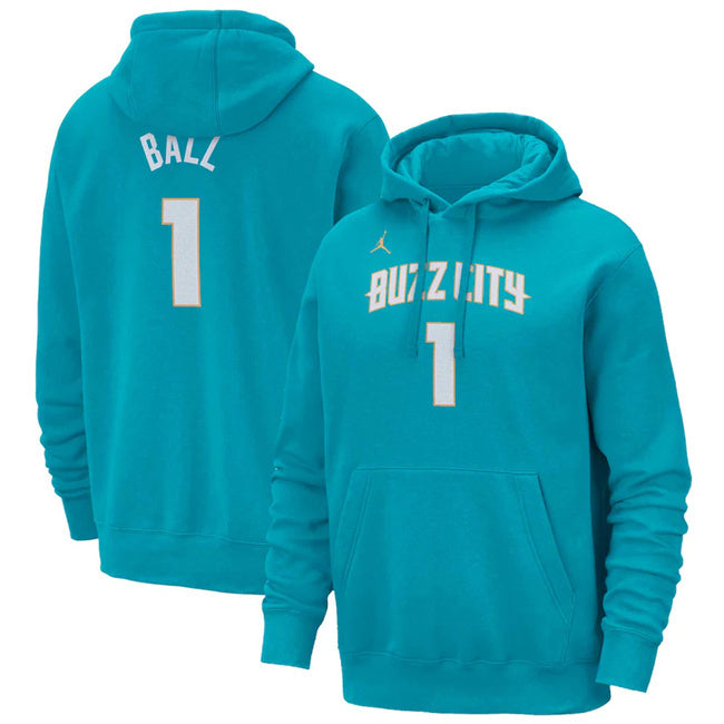 Charlotte Hornets #1 LaMelo Ball Teal 2023 24 City Edition Name & Number Pullover