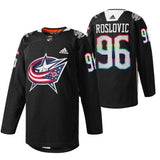 Columbus Blue Jackets #96 jack-roslovic-blue-hockeyisforeveryone-warmup-black-jersey