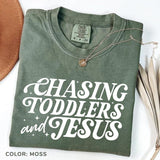 Comfort Colors Chasing Jesus And Toddlers Tshirt Christian Mom Tee Kingdom Motherhood Tee Faith-based Aesthetic Design For Tshirts