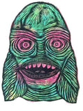 Creature Woodcut Print on Painted Birch Panels Ready to Hang Artistic Room Decor 16x20 Inches Unique Etching Press Printed Green Head Design - Hanging