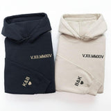 Custom Embroidered Roman Numeral Hoodie, Personalized Date Hoodie, Initials On The Sleeve, Engaged Gift, Couples Gift, Matching Hoodies