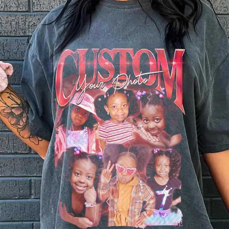 Custom Photos Shirt - Custom Bootleg Rap Tee, Vintage Graphic 90s T-Shirt, Custom Photo, Round Neck, Crewneck, Tropical Biker Style Menswear Top