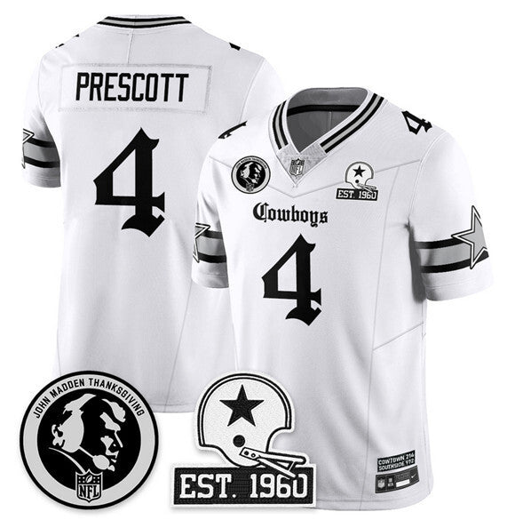 Dallas Cowboys #4 Dak Prescott White 2025 F.U.S.E. With John Madden Patch &