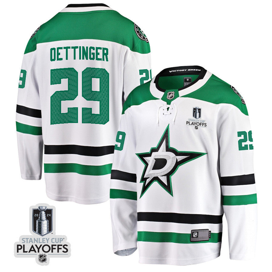 Dallas Stars #29 Jake Oettinger 2024 NHL Playoffs Patch Away Breakaway Jersey