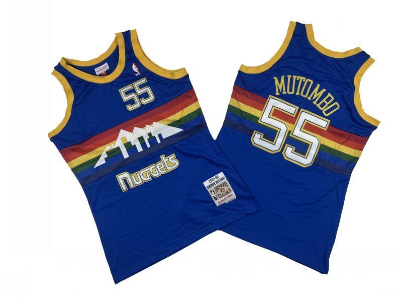 Denver Nuggets #55 Dikembe Mutombo Nuggets 55 # Blue Rainbow Edition 91-92 Season Mitchell Retro Jersey -- Dikembe . Mutombo Style 2