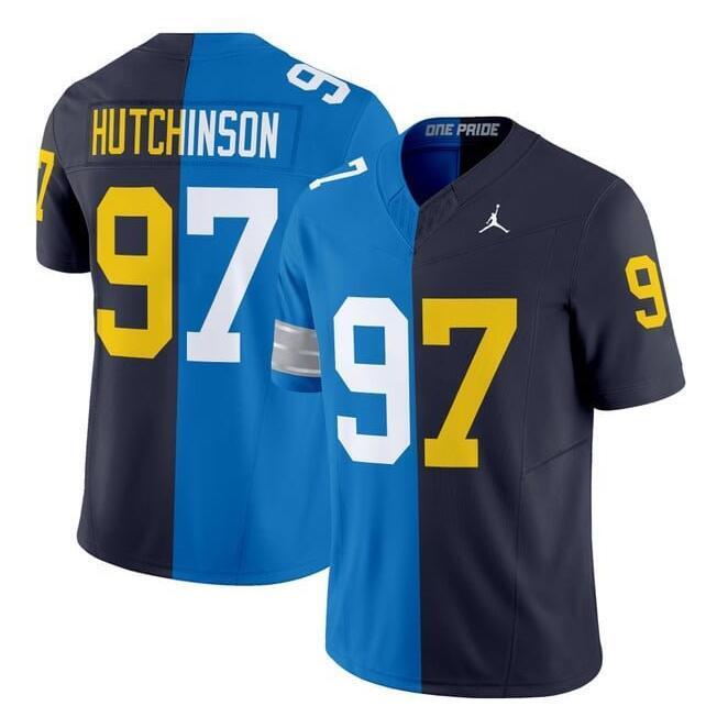 Detroit Lions X Wolverines #97 Aidan Hutchinson Blue Navy Split F.U.S.E. Vapor Limited