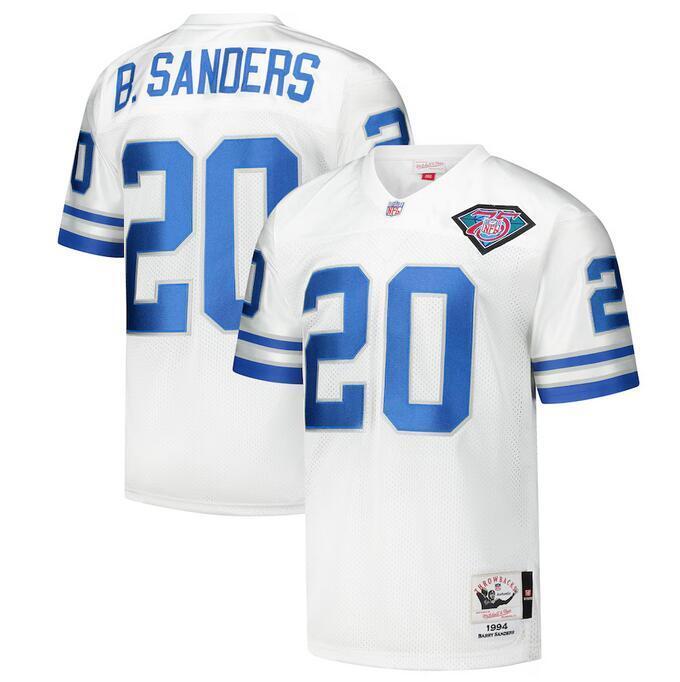 Detroit Lions #20 Barry Sanders White 1994 With 75th Season Anniversary Patch