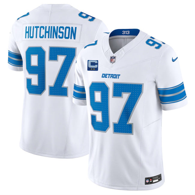Detroit Lions #97 Aidan Hutchinson White 2025 F.U.S.E. With 2-Star C Patch Vapor
