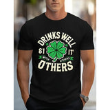 Drinks Well with Others" with Clover and Different Layout Print - Short Sleeve T - Shirt: Show A Unique St. Patrick'S Day Design, Casual and Stylish, Suitable for Those Who Love Themed Shirts, Casual Wear Made in USA