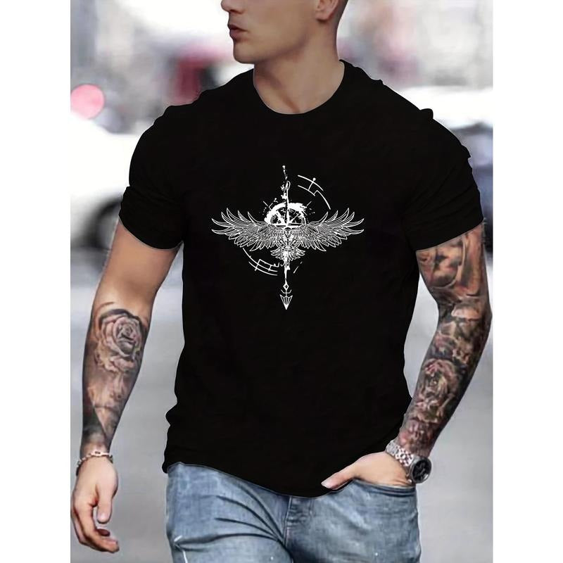 Eagle And Arrow Pattern Print Casual Crew Neck Short Sleeve T-shirt For Men, Quick-drying Comfy Casual Summer Tops For Daily Wear Work Out And Vacation Resorts Made in USA