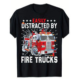 Firefighters Easily Distracted By Fire Trucks Men Boys T-Shirt - Made in USA