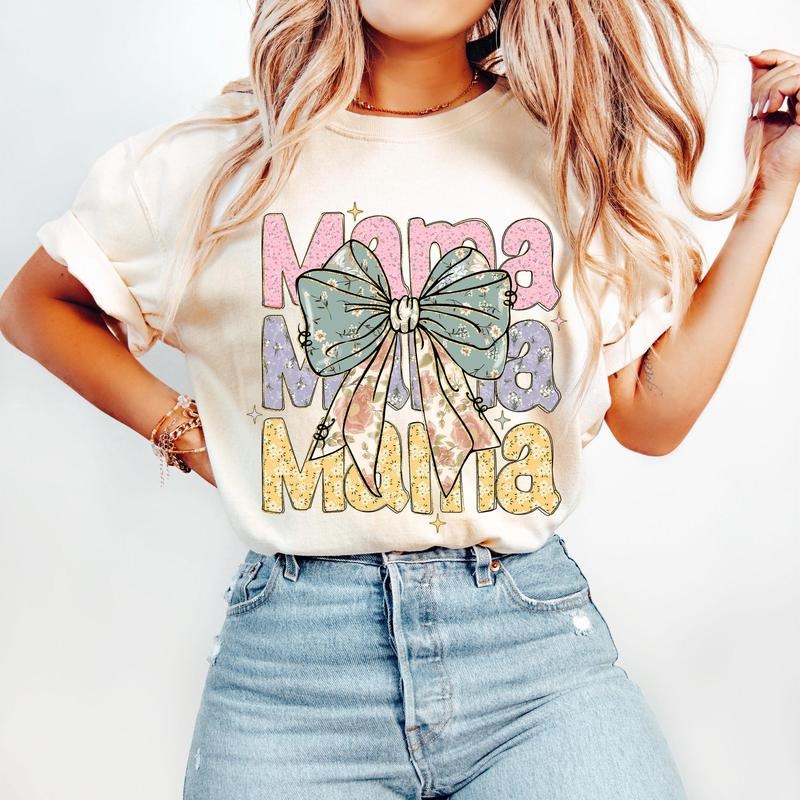 Floral Mama Coquette T-Shirt, Boho Mama T-Shirt, Mothers Day T-Shirt, Mama Varsity T-Shirt, Spring Floral T-Shirt, Gift for Mom, Pink Mama T-Shirt, Preppy Mama