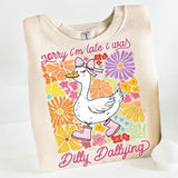 Funny Mama Goose Crewneck Sweatshirt, Sorry I'm Late I Was Dilly Dallying Goose Tee, Sarcastic Retro Shirt, Boho Floral Preppy Mom Gift Printed Cotton Womenswear