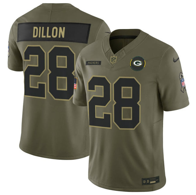 Green Bay Packers #28 A. J. Dillon Olive 2025 F.U.S.E. Salute to Service Limited