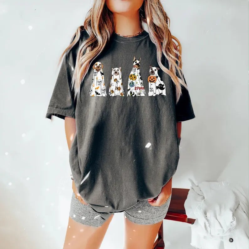 Halloween Dog Comfort Colors Shirt, Ghost Dog Shirt, Сute Ghost Dog T-shirt, Halloween Tshirt Women, Dog Lover Gift, Spooky Season, Dog Tee Collar Cotton Fabric Top