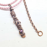 Handmade Wire Sculpted Ribbon Pink Crystal Copper Bar Pendant Necklace