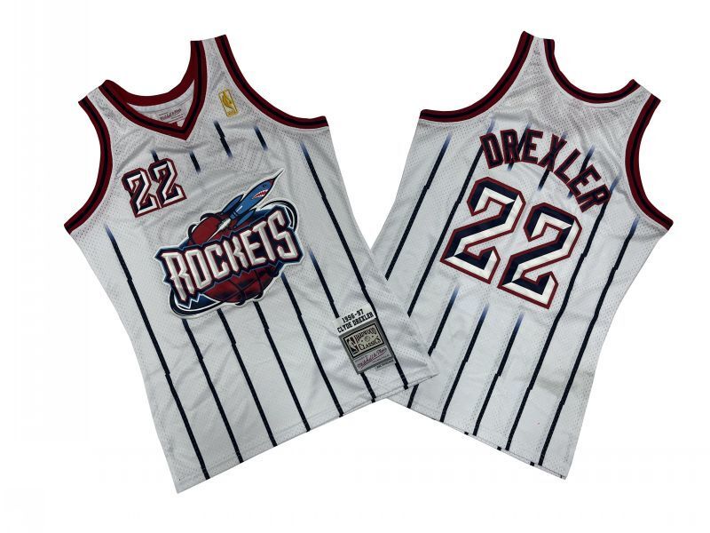 Houston Rockets #22 Clyde Drexler Rockets 22 # White Rockets 96-97 Season Mitchell Retro Jersey Style 2