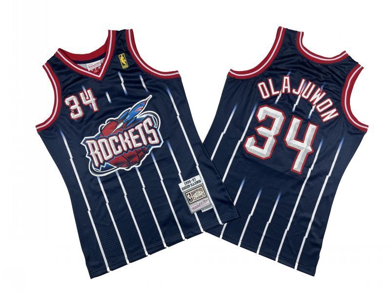 Houston Rockets #34 Hakeem Olajuwon Rockets 34 # Navy Rockets 96-97 Season Mitchell Retro Jersey Style 2