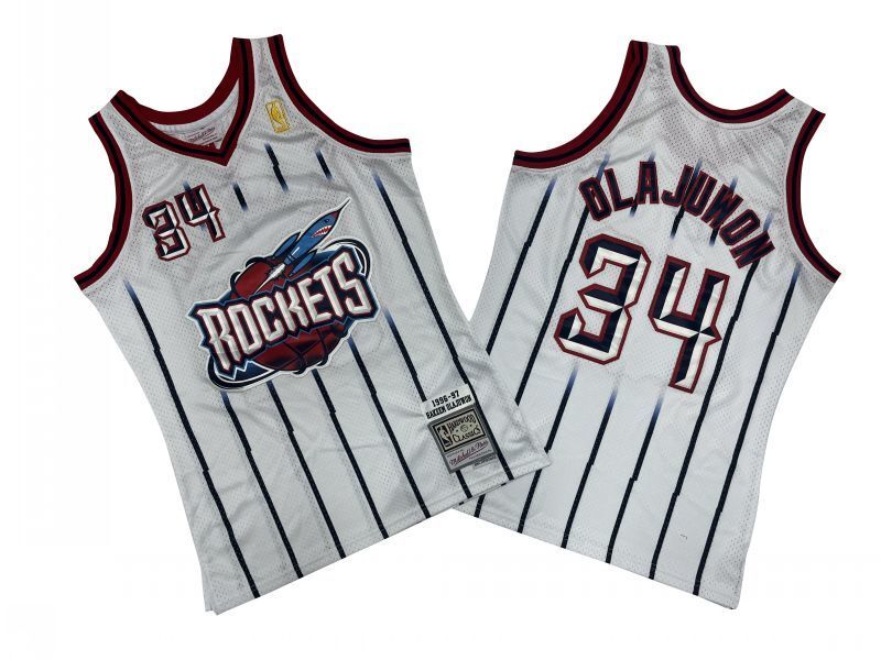 Houston Rockets #34 Hakeem Olajuwon Rockets 34 # White Rockets 96-97 Season Mitchell Retro Jersey Style 2