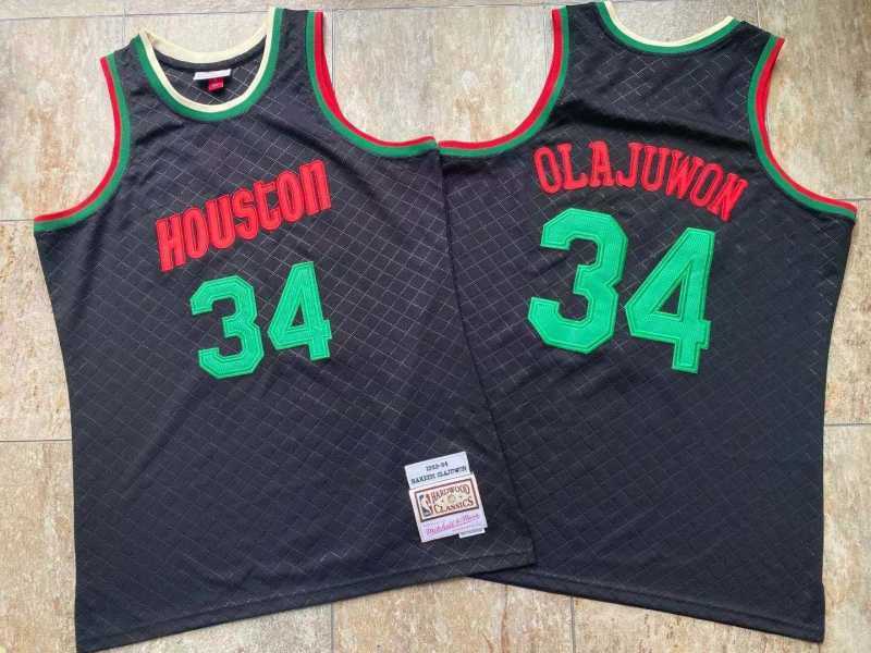 Houston Rockets #34 Hakeem Olajuwon mitchell&ness Napoli Rockets 34 Olajuwon Black Jersey Style 10