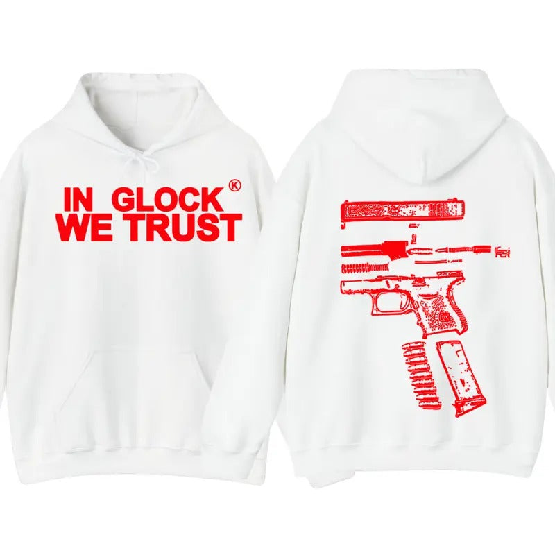 IN GLOCK WE TRUST Double side Hoodie,Design RED, SweatShirt For Men, GIft For Men,Full color, Menswear Sweater