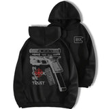 In Glock We Trust Standard size Hoodie , Black hoodie and multicolor design , For Men And Women Classic Menswear