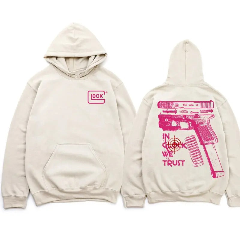 In Glock We Trust Standard size Sand Hoodie with Multicolor Design for Men and Women - Classic Fit - Menswear Casual Embroidered Love