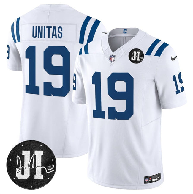Indianapolis Colts #19 Johnny Unitas White 2025 F.U.S.E. Jim Irsay Patch Vapor