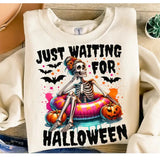 Just Waiting for Halloween, Funny Halloween T-Shirt DRG, Spooky Summer Halloween Sublimation Sweatshirt DRG, Skeleton Mom, Skeleton T-Shirt