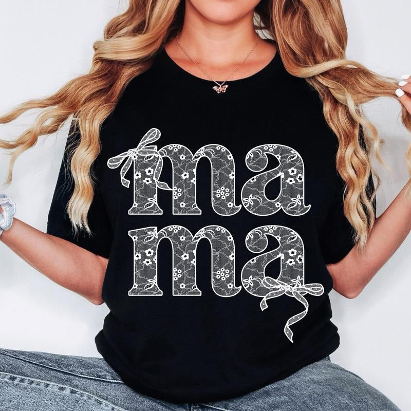 Lace Mama Coquette T-Shirt, Mama T-Shirt, Floral Mama Chinoiserie T-Shirt, Mama Varsity T-Shirt, Mothers Day T-Shirt, Gift for Mom, Lace Coquette Bow T-Shirt