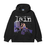 Lain "Organization" Heavyweight Vintage Hoodie Cotton Blend Classic Anime Sweatshirt Menswear Tops Pullover Long Sleeve Casual Biker Black