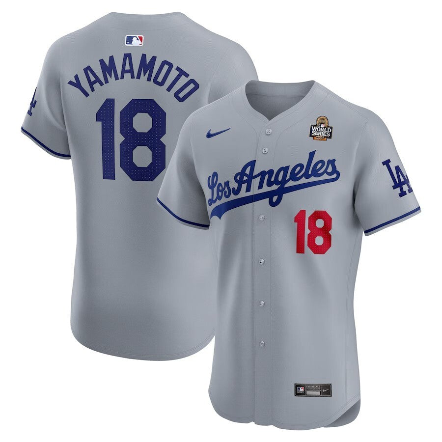 Los Angeles Dodgers #18 Yoshinobu Yamamoto 2024 World Series Road Elite Player Jersey - Gray