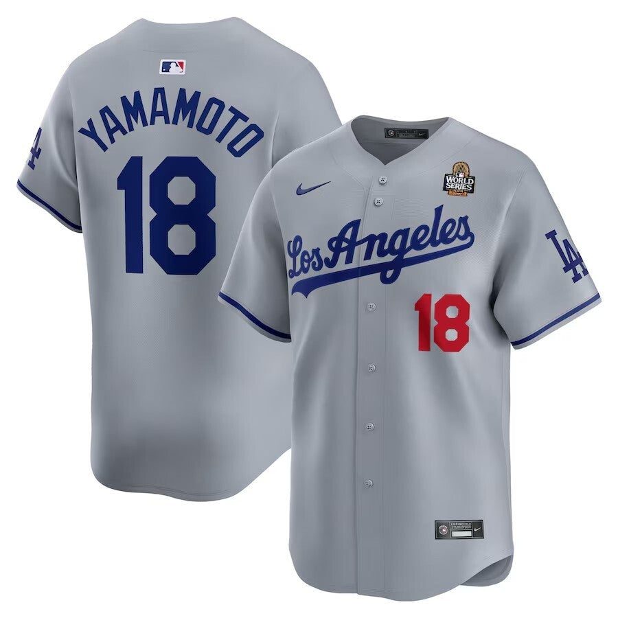 Los Angeles Dodgers #18 Yoshinobu Yamamoto 2024 World Series Road Limited Player Jersey - Gray