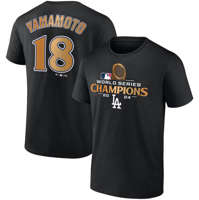 Los Angeles Dodgers #18 Yoshinobu Yamamoto Black 2024 World Series Champions Name &