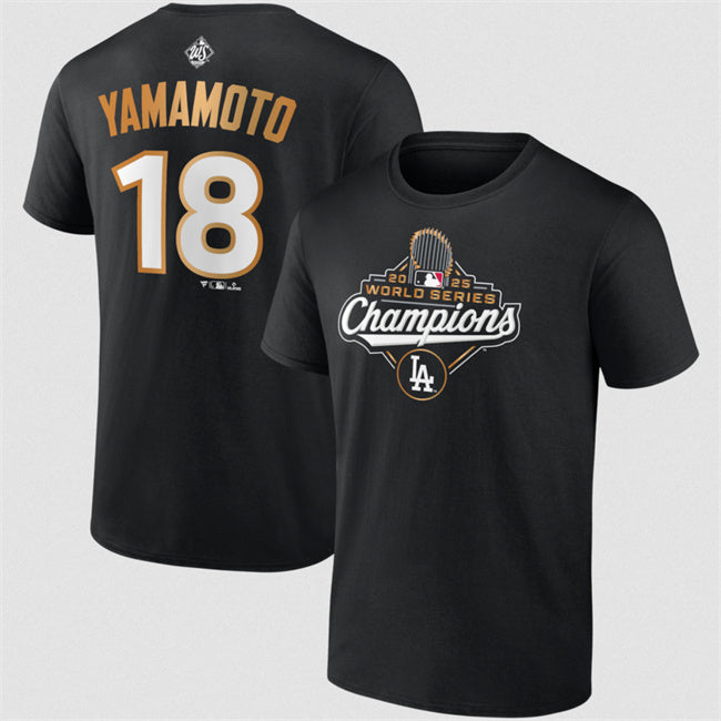 Los Angeles Dodgers #18 Yoshinobu Yamamoto Black 2025 World Series Champions Name &