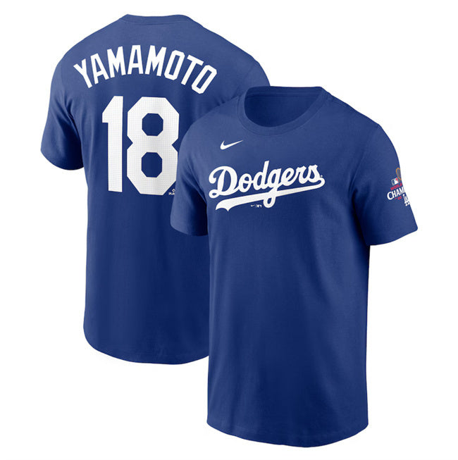 Los Angeles Dodgers #18 Yoshinobu Yamamoto Royal 2024 World Series Champions Name &