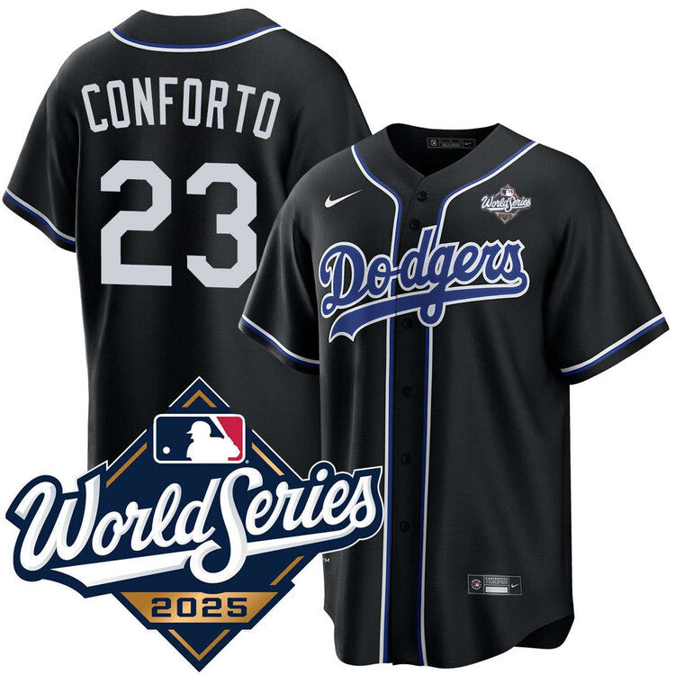 Los Angeles Dodgers #23 Michael Conforto Black Lights Out 2025 World Series Jersey