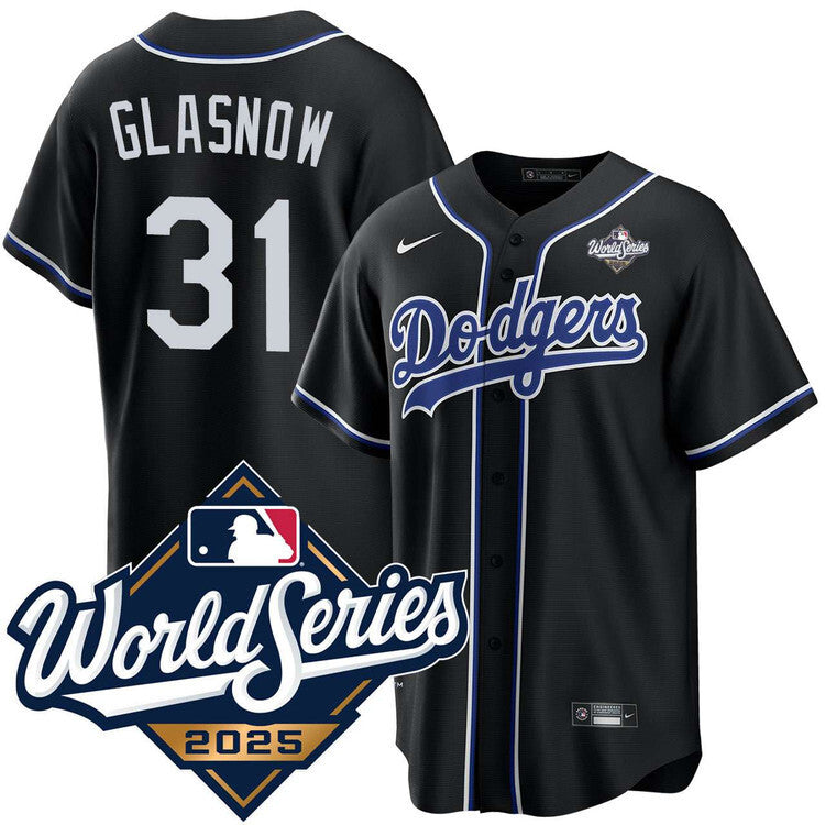 Los Angeles Dodgers #31 Tyler Glasnow Black Lights Out 2025 World Series Jersey