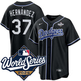 Los Angeles Dodgers #37 Teoscar Hernandez Black Lights Out 2025 World Series Jersey