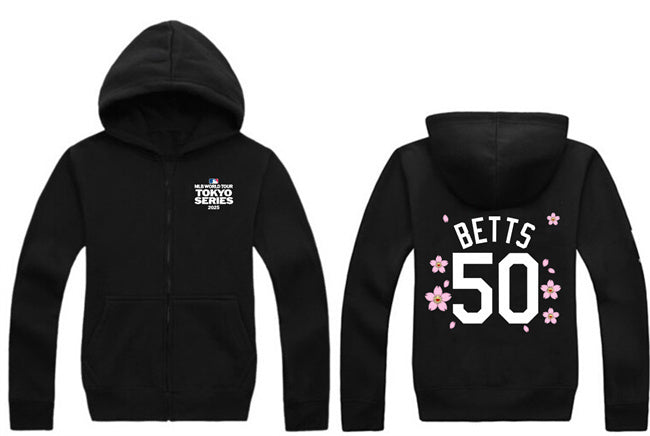 Los Angeles Dodgers #50 Mookie Betts Black 2025 Tokyo Series Full-Zip Hoodie