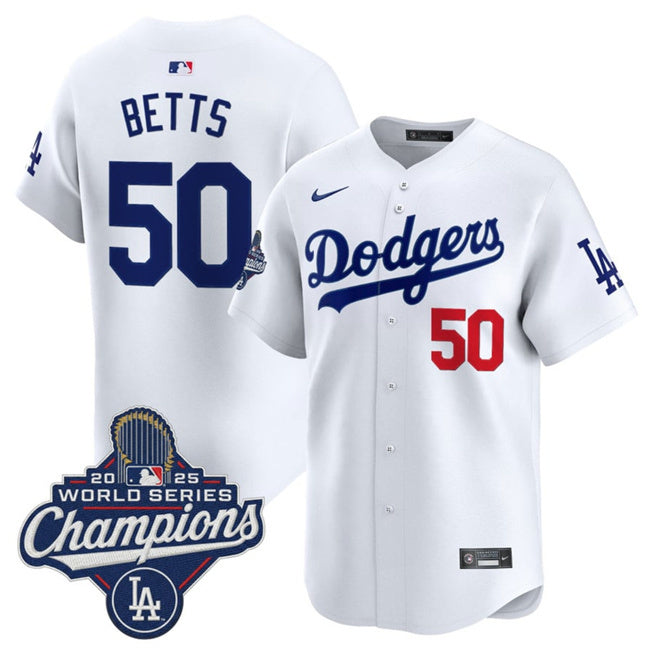 Los Angeles Dodgers #50 Mookie Betts White 2025 World Series Champions Patch Home