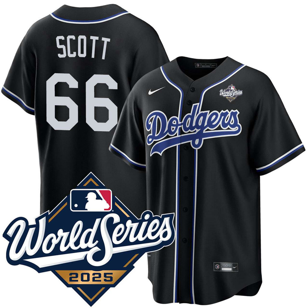 Los Angeles Dodgers #66 Tanner Scott Black Lights Out 2025 World Series Jersey