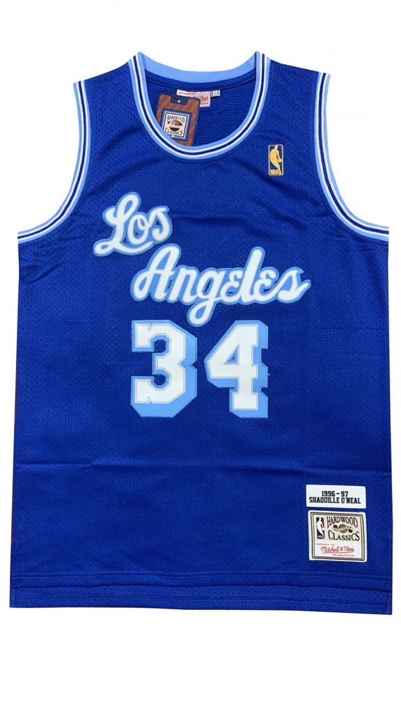 Los Angeles Lakers #34 Shaquille ONeal Lakers 34 # O'Neal 1996-97 Gold Logo Classic Retro Premium Mesh Jersey Style 2