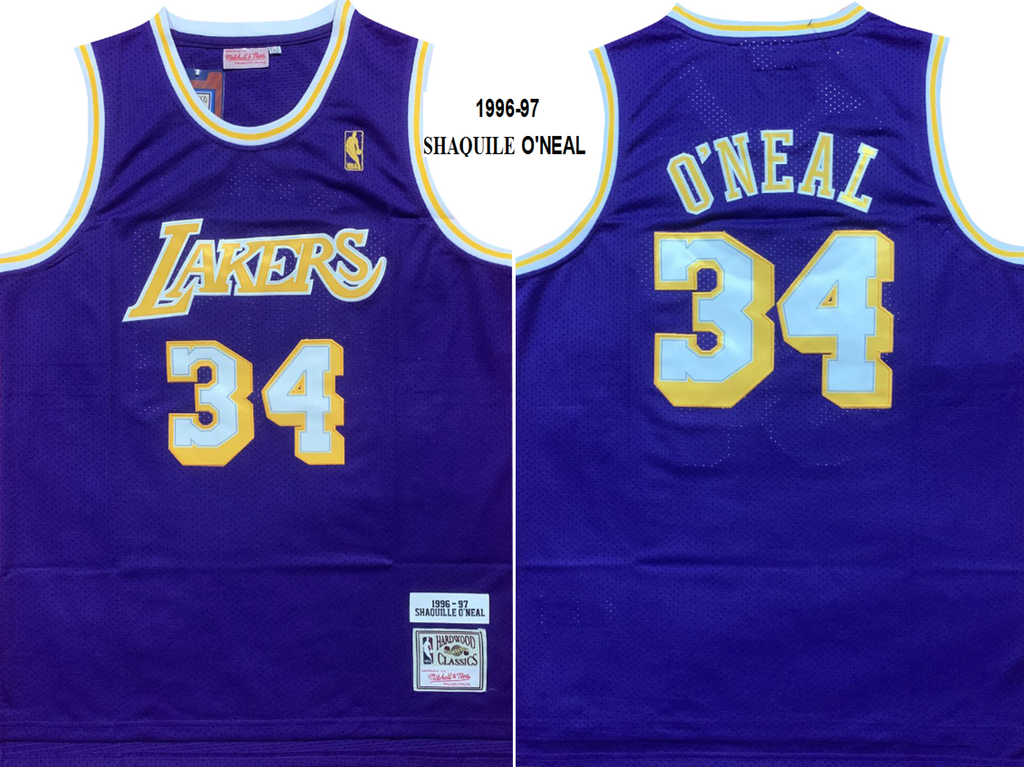 Los Angeles Lakers #34 Shaquille ONeal Lakers O'Neal Purple Gold Logo 1996-97 Classic Jersey