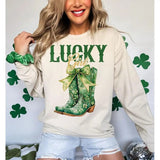 Lucky Girl Tshirt Sweatshirt Hoodie, St Patrick's Day Cowboy Boots Shirt, Green Shamrock Bow, Western Irish Shirt, Unisex Sweater Pullover Tee