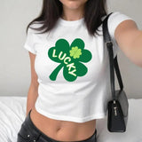 Lucky Green Clover Baby Tee, St Paddys Baby Tee, St Patrick's Day , Y2K 2000's Style Tee, St. Patrick's Day T-, Women's Baby Tee